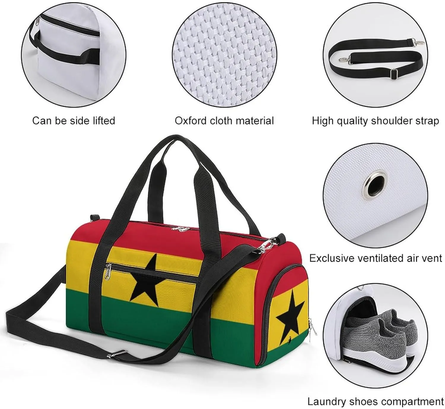 Ghana Flag Gym Bag for Boys Girls with Shoe Compartment Lightweight Weekender