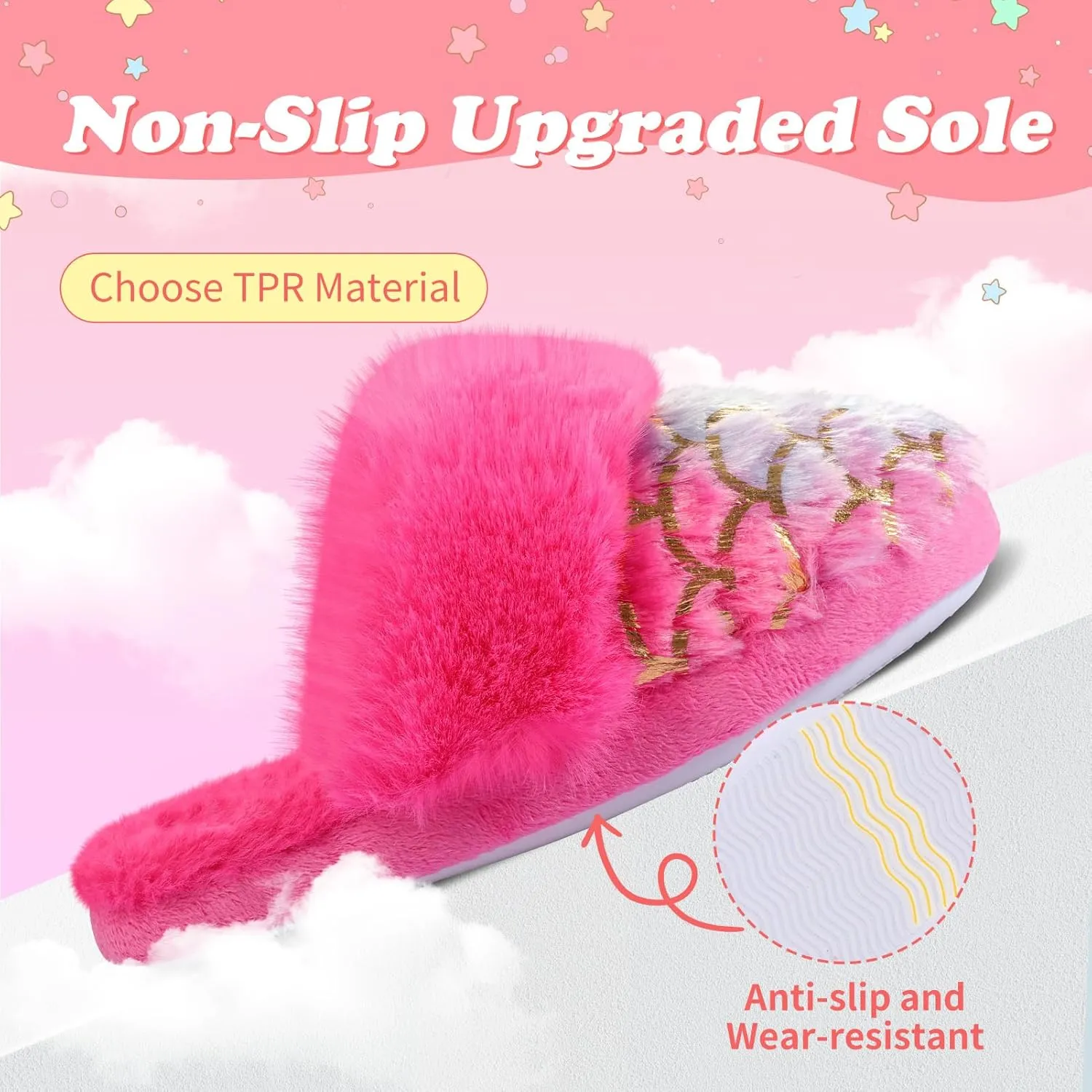 Girls Fluffy Slippers Soft Plush Slip-on House Slippers with Memory Foam Cute Faux Fur Fuzzy House Shoes for Indoor