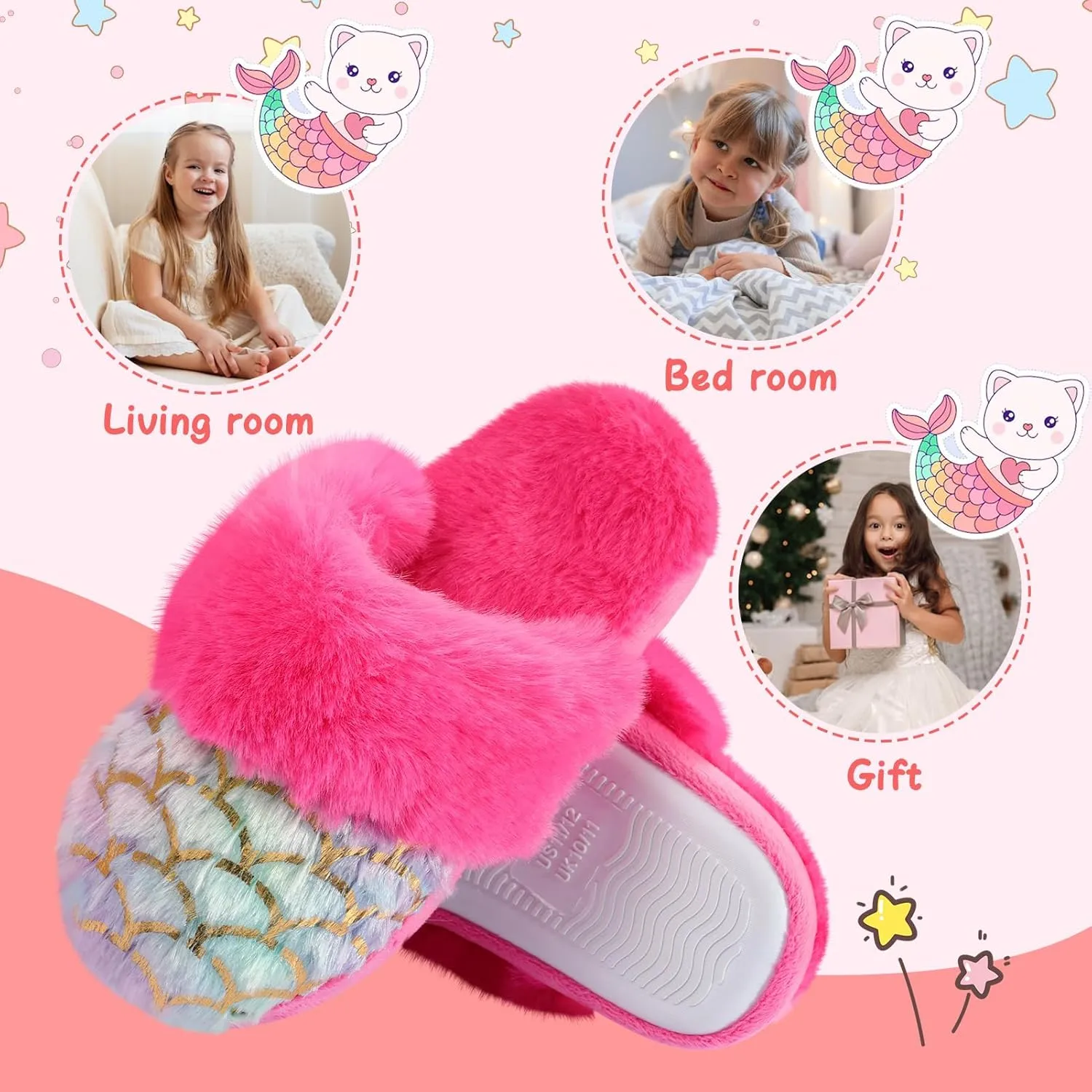 Girls Fluffy Slippers Soft Plush Slip-on House Slippers with Memory Foam Cute Faux Fur Fuzzy House Shoes for Indoor