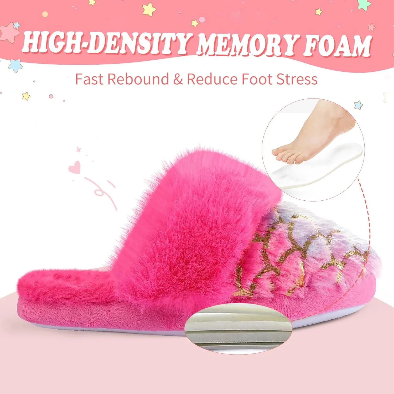 Girls Fluffy Slippers Soft Plush Slip-on House Slippers with Memory Foam Cute Faux Fur Fuzzy House Shoes for Indoor