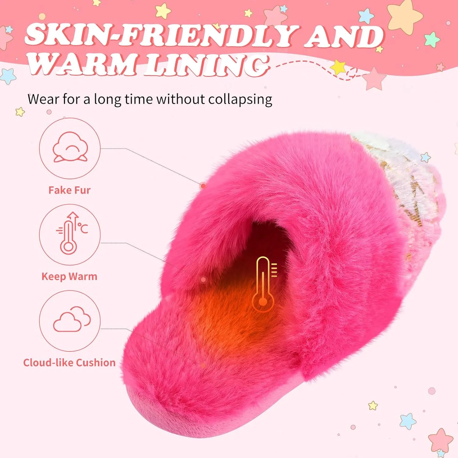 Girls Fluffy Slippers Soft Plush Slip-on House Slippers with Memory Foam Cute Faux Fur Fuzzy House Shoes for Indoor