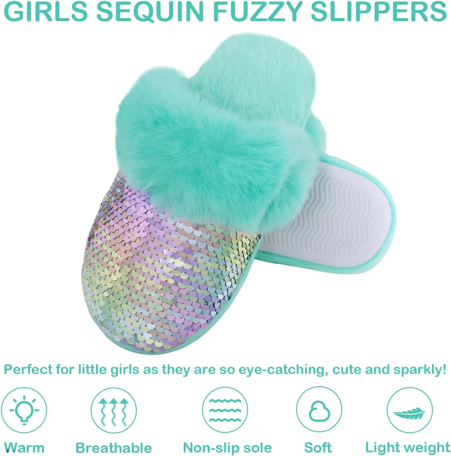 Girls Plush House Slippers Fluffy Sequin Slippers, Cute Faux Fur Slip-on Shoes Memory Foam House Slipper