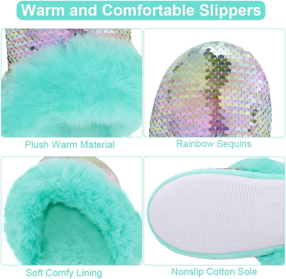 Girls Plush House Slippers Fluffy Sequin Slippers, Cute Faux Fur Slip-on Shoes Memory Foam House Slipper