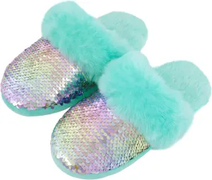 Girls Plush House Slippers Fluffy Sequin Slippers, Cute Faux Fur Slip-on Shoes Memory Foam House Slipper