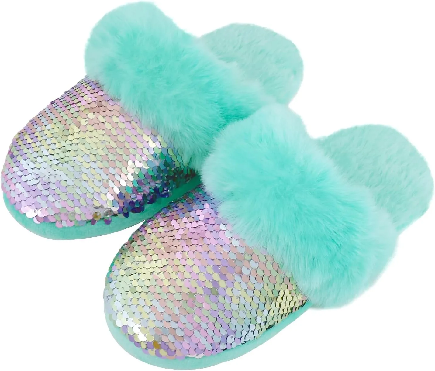 Girls Plush House Slippers Fluffy Sequin Slippers, Cute Faux Fur Slip-on Shoes Memory Foam House Slipper