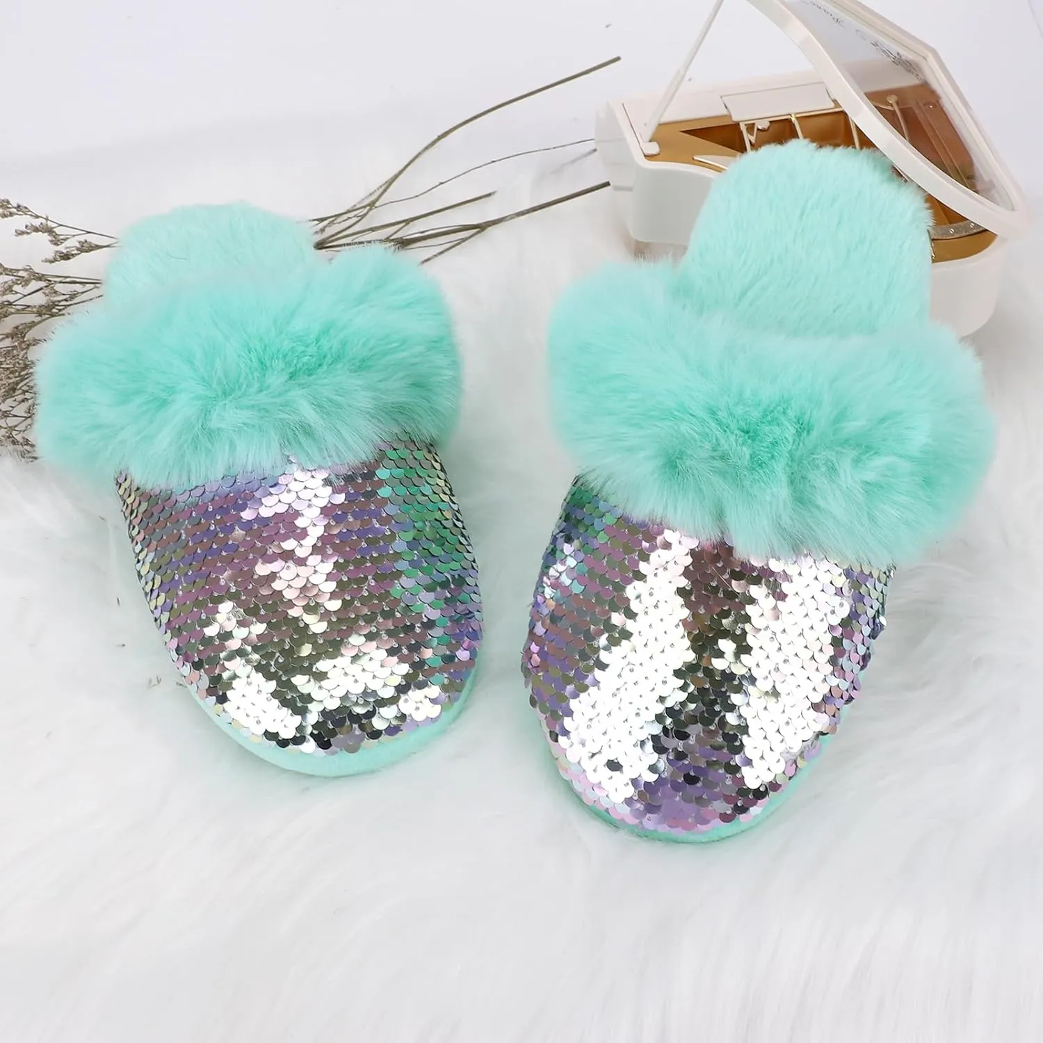 Girls Plush House Slippers Fluffy Sequin Slippers, Cute Faux Fur Slip-on Shoes Memory Foam House Slipper