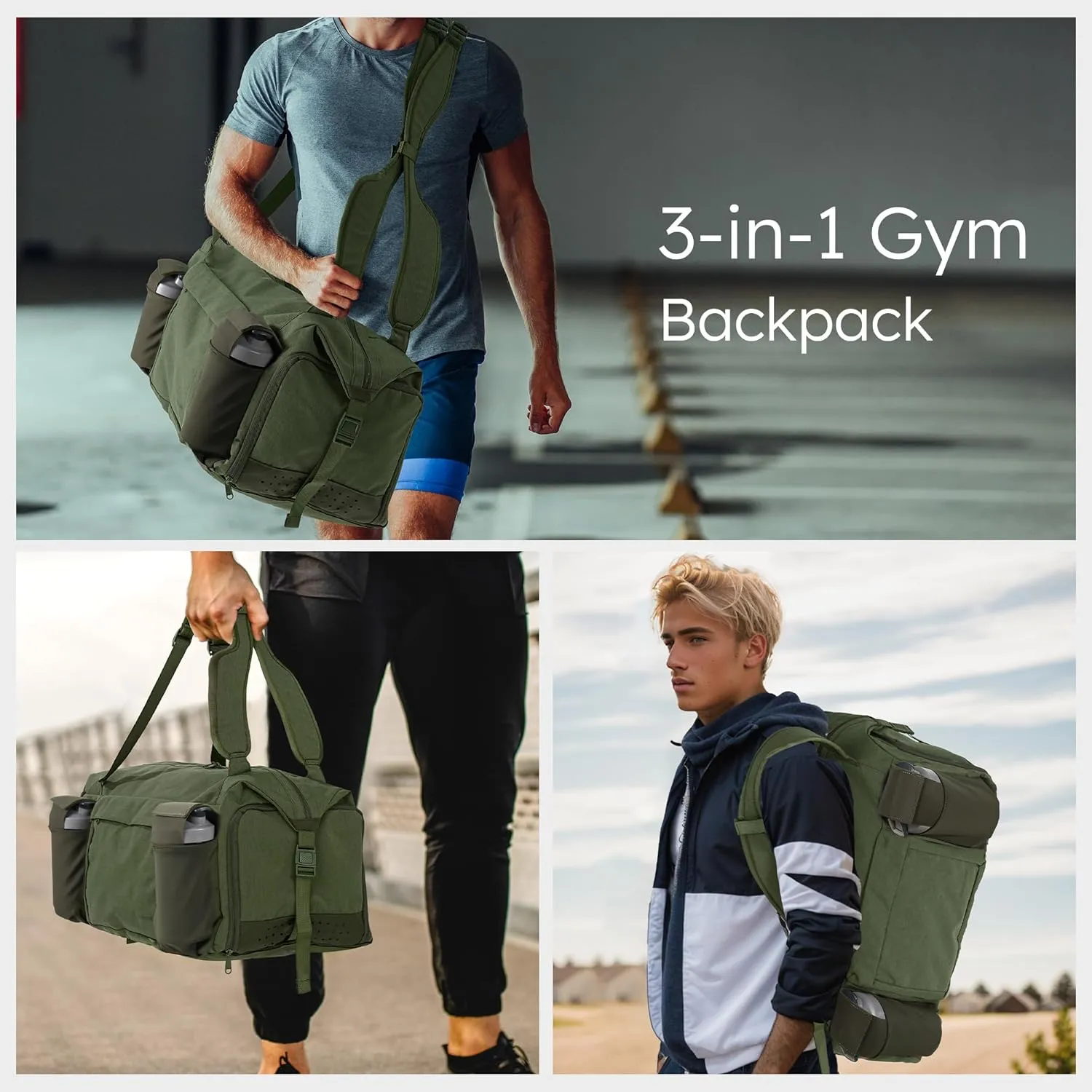 Gym Bag for Men with 2 Upgraded Bottle Holders Convertible Duffle Bag and Gym Backpack Waterproof Sports Bags with Shoes Compartment and Wet Pocket - Dark Green