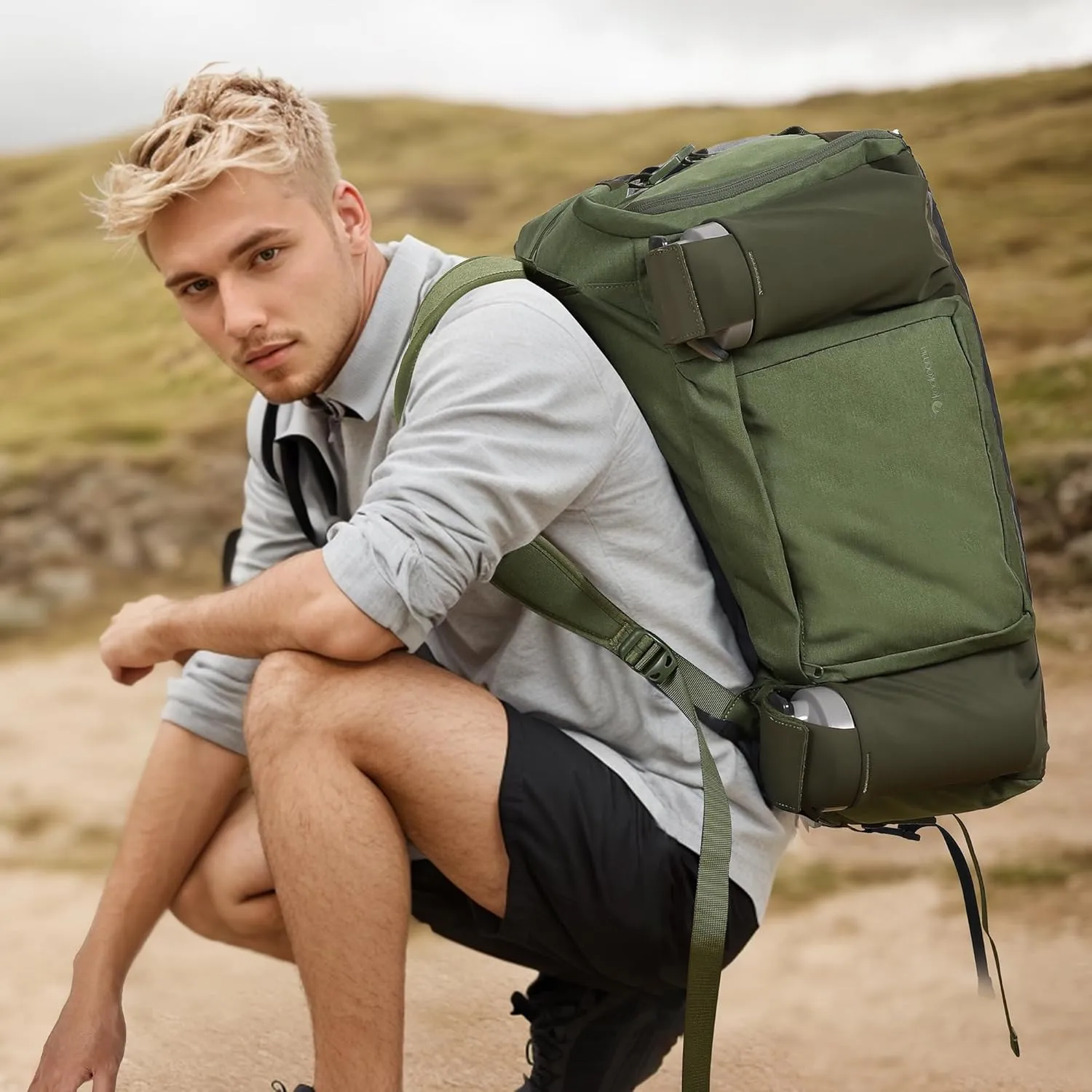 Gym Bag for Men with 2 Upgraded Bottle Holders Convertible Duffle Bag and Gym Backpack Waterproof Sports Bags with Shoes Compartment and Wet Pocket - Dark Green