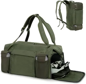 Gym Bag for Men with 2 Upgraded Bottle Holders Convertible Duffle Bag and Gym Backpack Waterproof Sports Bags with Shoes Compartment and Wet Pocket - Dark Green