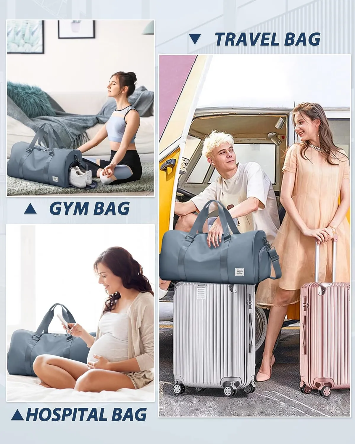 Gym Bag for Men Women with Shoe Compartment,Small Travel Duffle Bags for Traveling Overnight Weekender Personal Item Travel Bag Large Sport Workout Bag Grey Blue