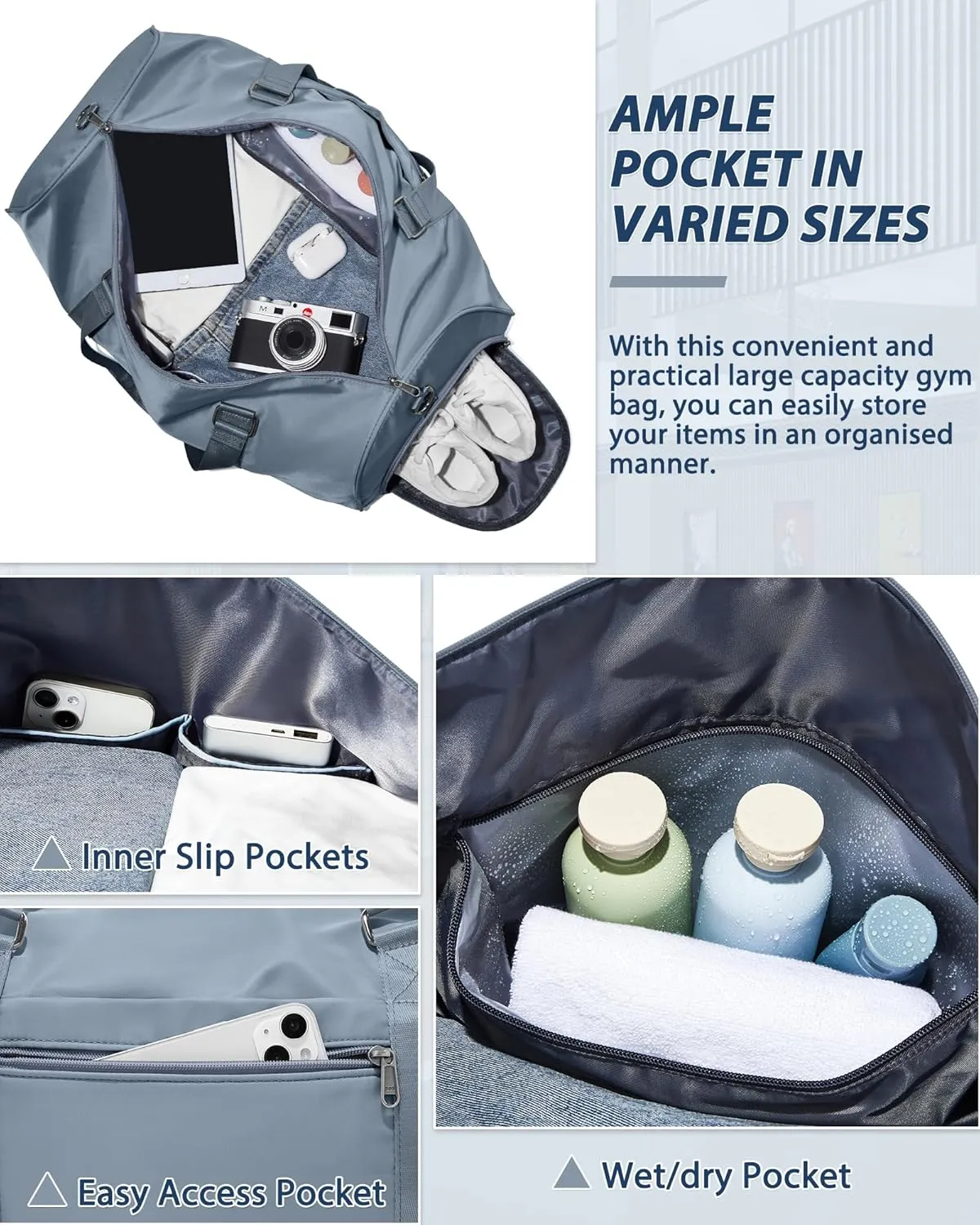 Gym Bag for Men Women with Shoe Compartment,Small Travel Duffle Bags for Traveling Overnight Weekender Personal Item Travel Bag Large Sport Workout Bag Grey Blue