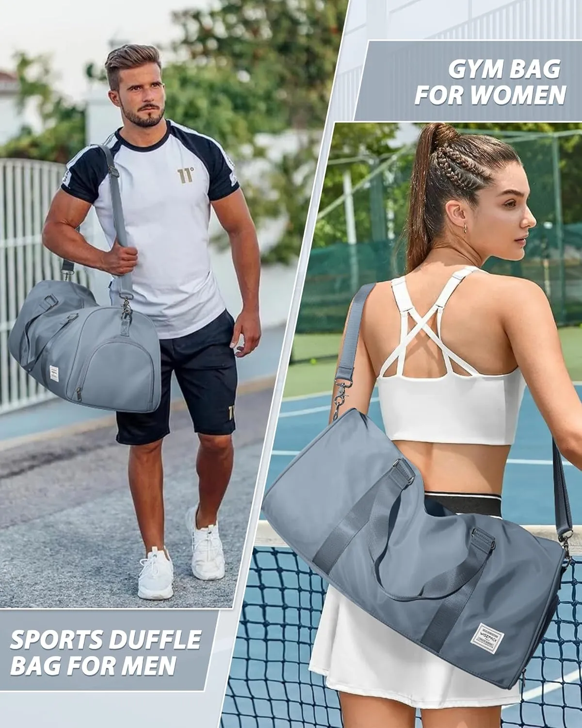 Gym Bag for Men Women with Shoe Compartment,Small Travel Duffle Bags for Traveling Overnight Weekender Personal Item Travel Bag Large Sport Workout Bag Grey Blue