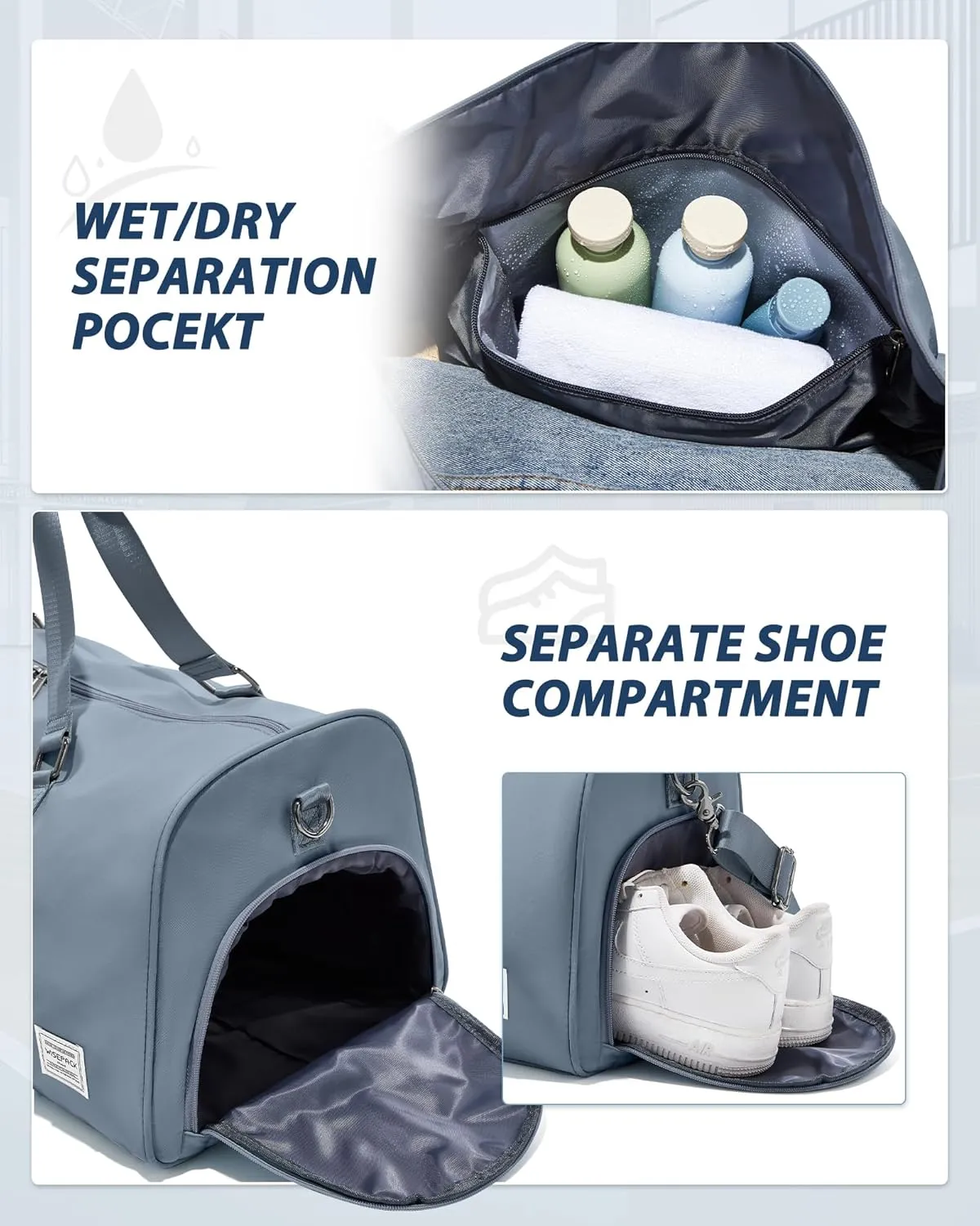 Gym Bag for Men Women with Shoe Compartment,Small Travel Duffle Bags for Traveling Overnight Weekender Personal Item Travel Bag Large Sport Workout Bag Grey Blue
