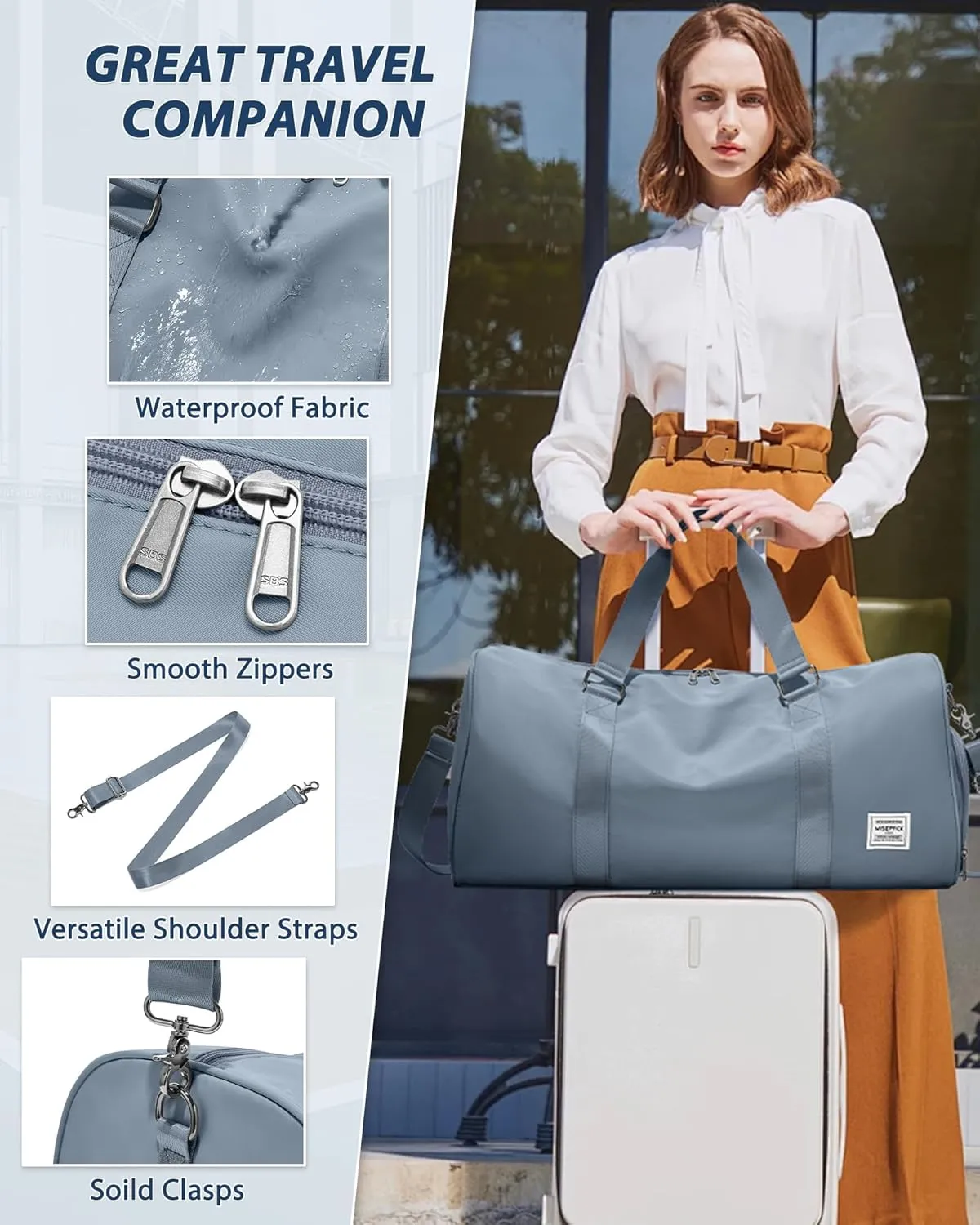 Gym Bag for Men Women with Shoe Compartment,Small Travel Duffle Bags for Traveling Overnight Weekender Personal Item Travel Bag Large Sport Workout Bag Grey Blue
