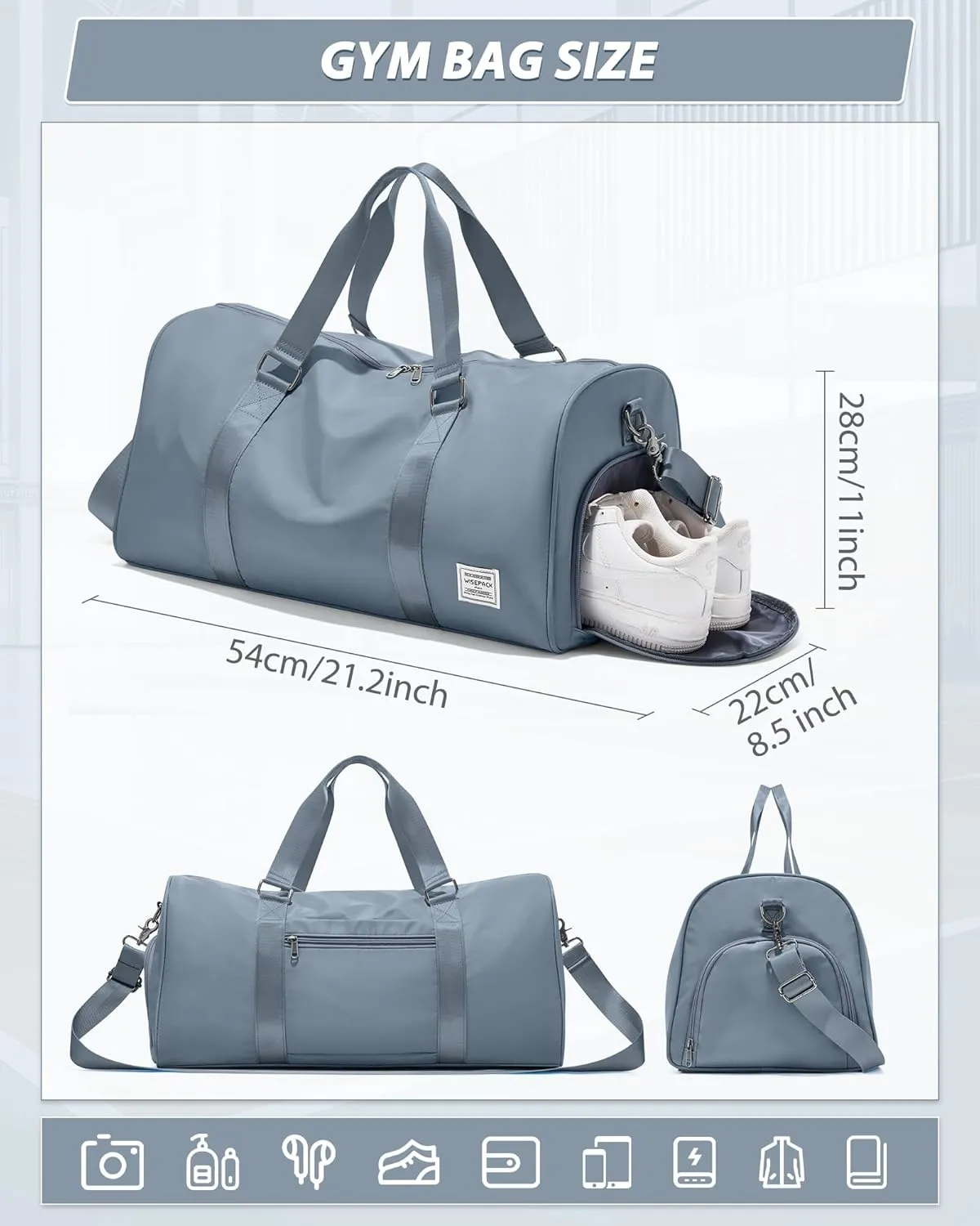 Gym Bag for Men Women with Shoe Compartment,Small Travel Duffle Bags for Traveling Overnight Weekender Personal Item Travel Bag Large Sport Workout Bag Grey Blue
