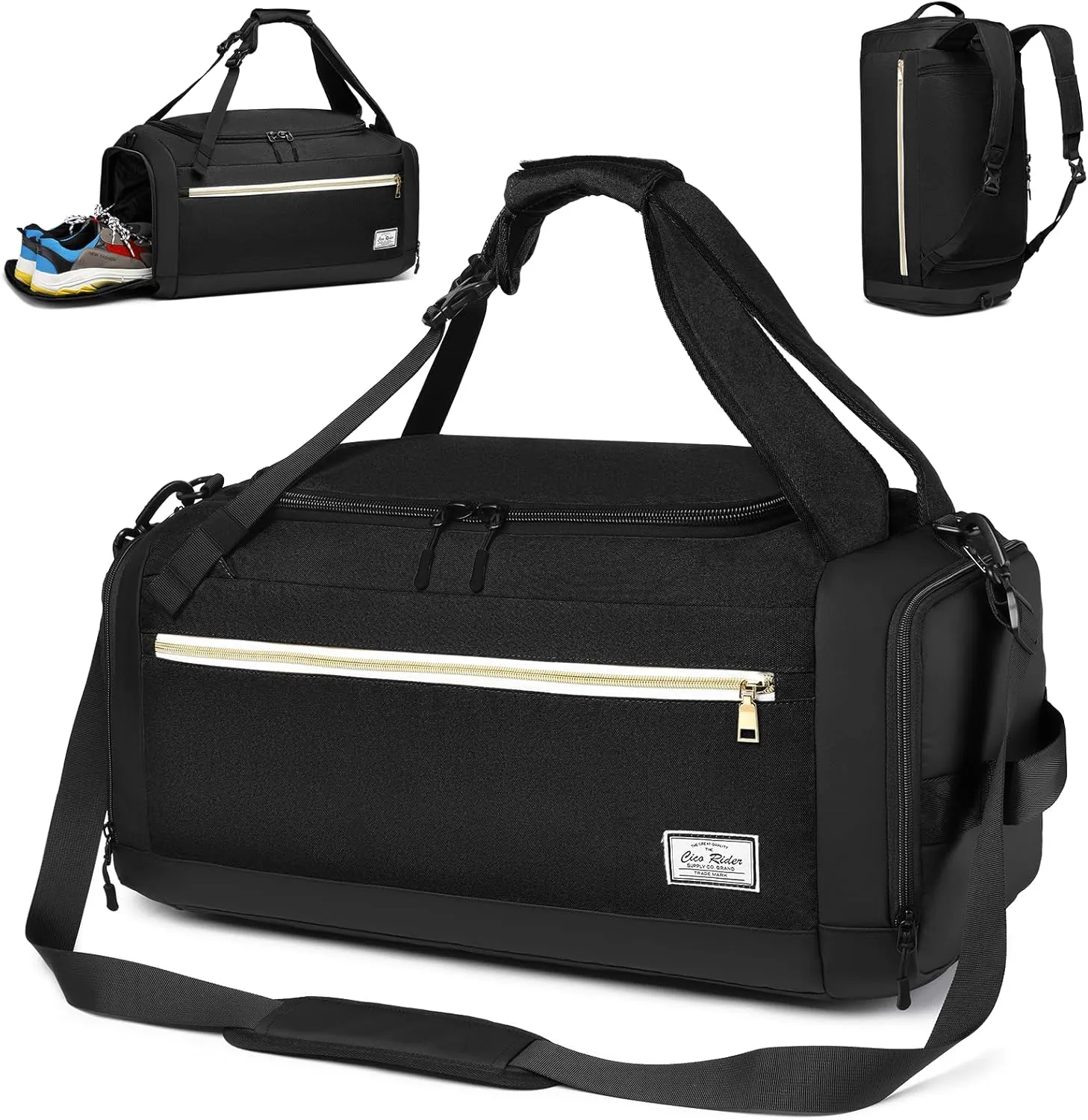 Gym Bags for Men with Shoes Compartment & Wet Pocket 4 Way Large Sports Duffle Bag Backpack Weekender Overnight Bag for Travel, Fitness, Workout, Birthday Gift for Men, Black