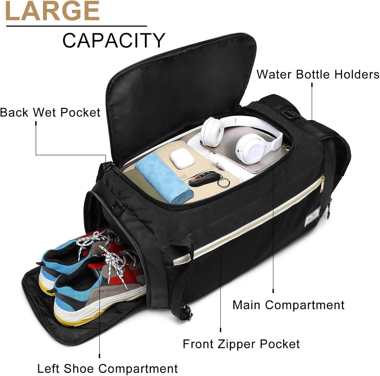 Gym Bags for Men with Shoes Compartment & Wet Pocket 4 Way Large Sports Duffle Bag Backpack Weekender Overnight Bag for Travel, Fitness, Workout, Birthday Gift for Men, Black