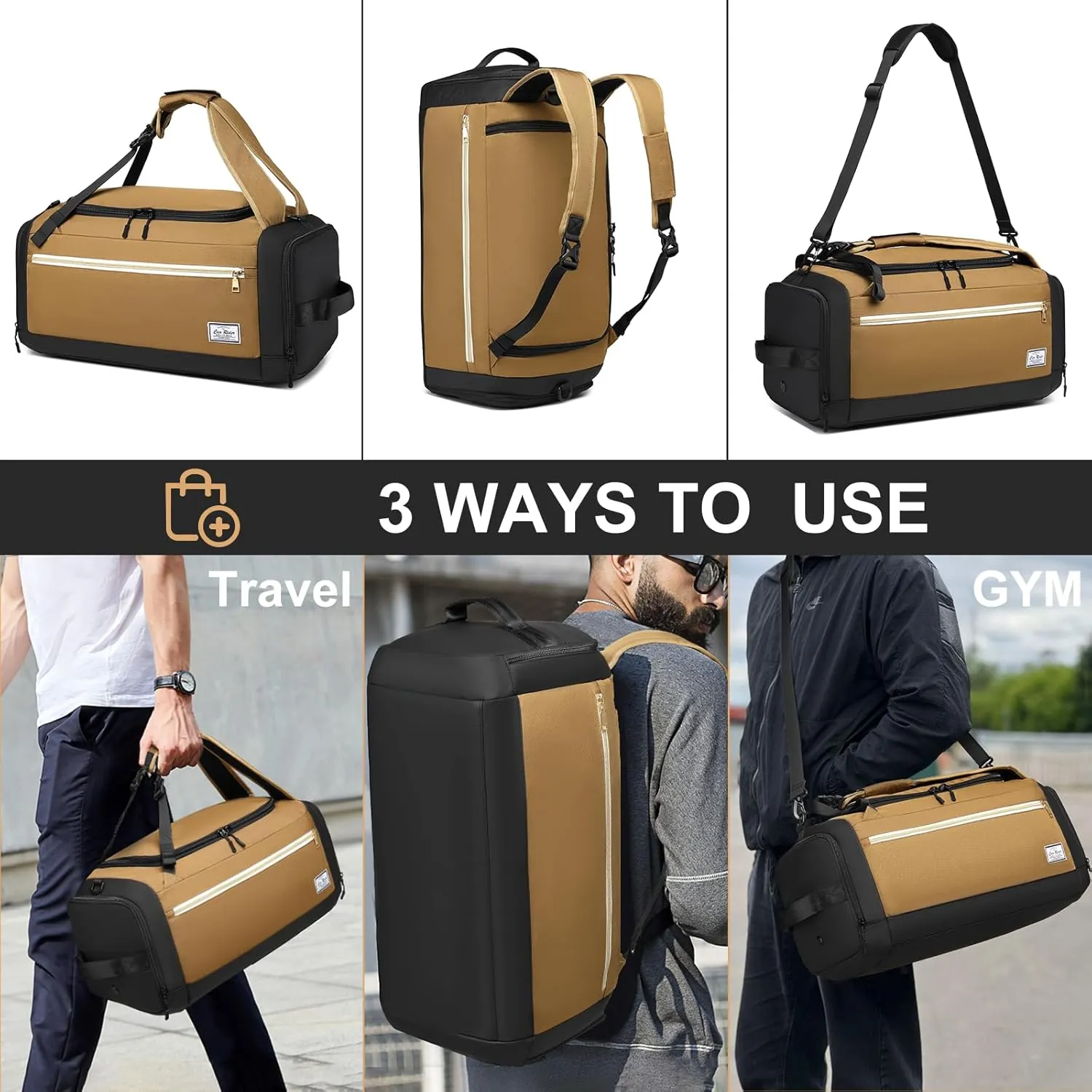 Gym Bags for Men with Shoes Compartment & Wet Pocket 4 Way Large Sports Duffle Bag Backpack Weekender Overnight Bag for Travel, Fitness, Workout, Training, Birthday Gift for Men, Brown