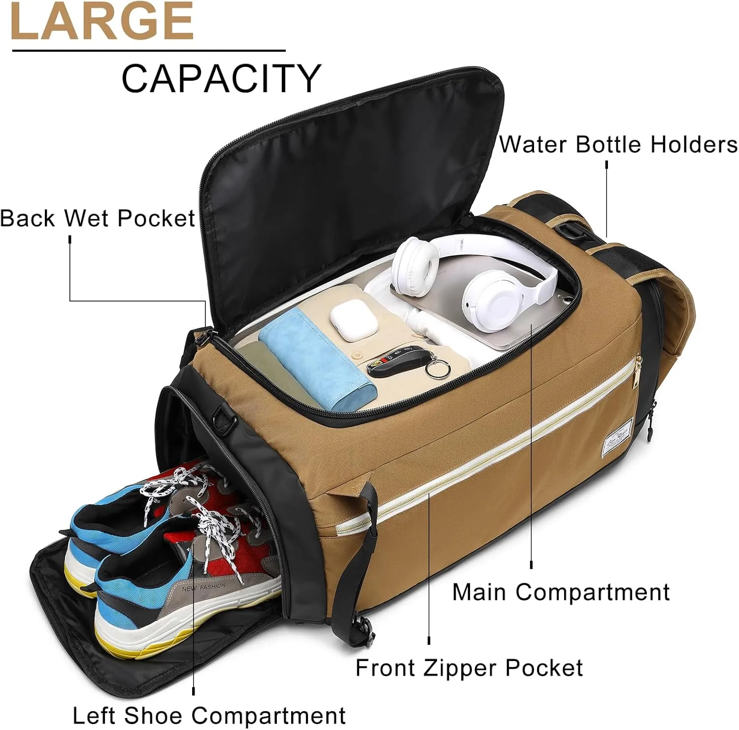 Gym Bags for Men with Shoes Compartment & Wet Pocket 4 Way Large Sports Duffle Bag Backpack Weekender Overnight Bag for Travel, Fitness, Workout, Training, Birthday Gift for Men, Brown