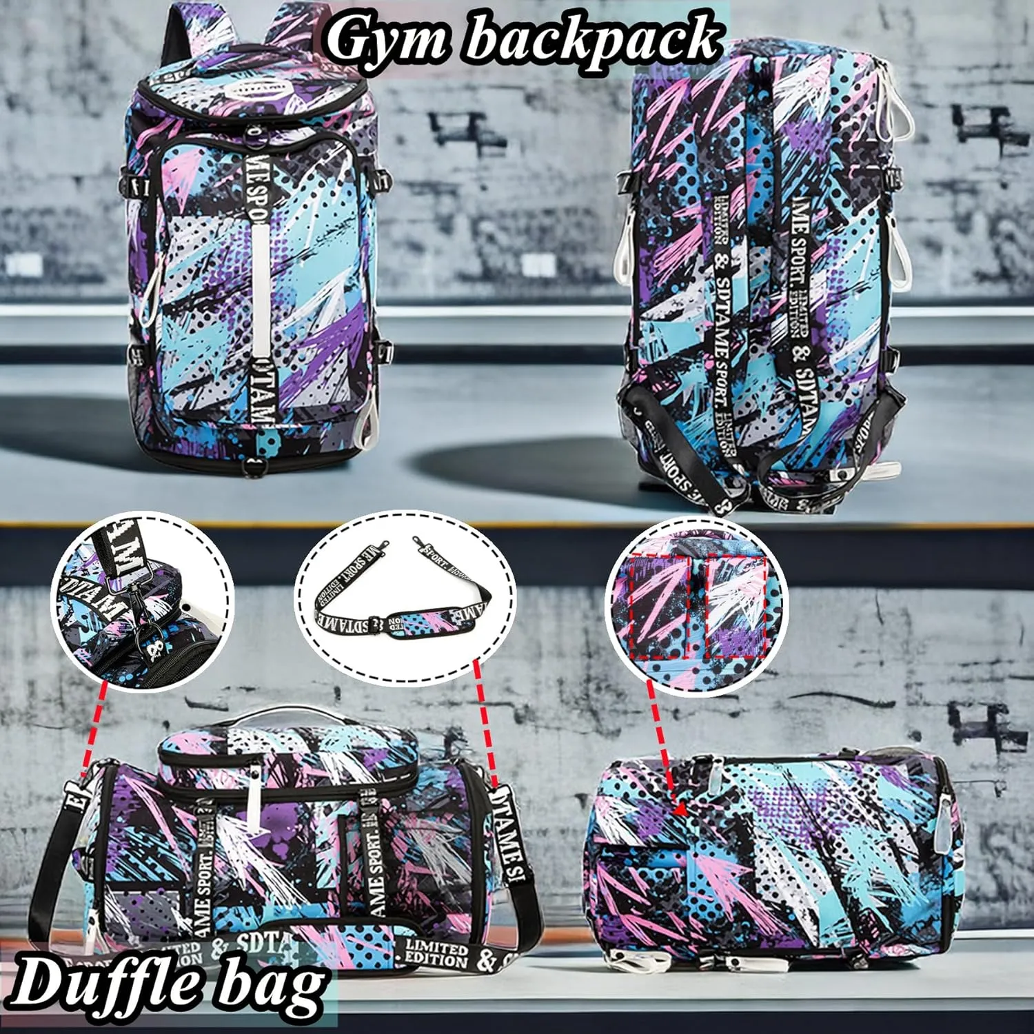 Gym Duffle Bag Backpack with Shoe Compartment,4 ways Travel Backpack for Women and Men,Multi-Functional Weekender bag with Waterproof Layer&Laptop Compartment for Fitness, Travel,Camping