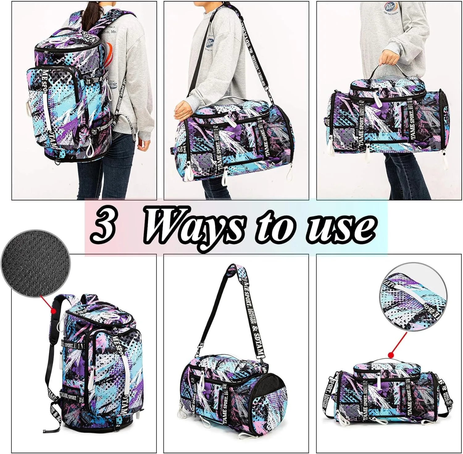 Gym Duffle Bag Backpack with Shoe Compartment,4 ways Travel Backpack for Women and Men,Multi-Functional Weekender bag with Waterproof Layer&Laptop Compartment for Fitness, Travel,Camping