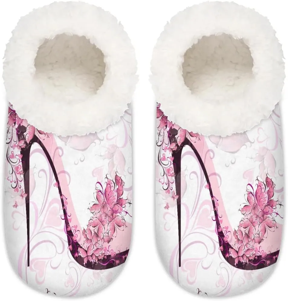 Hand Painted Heart Flower High Heels Slipper for Women and Men Non-Slip Fuzzy Slipper Socks Memory Foam Slippers Winter Warm Home Slippers Fur Lining