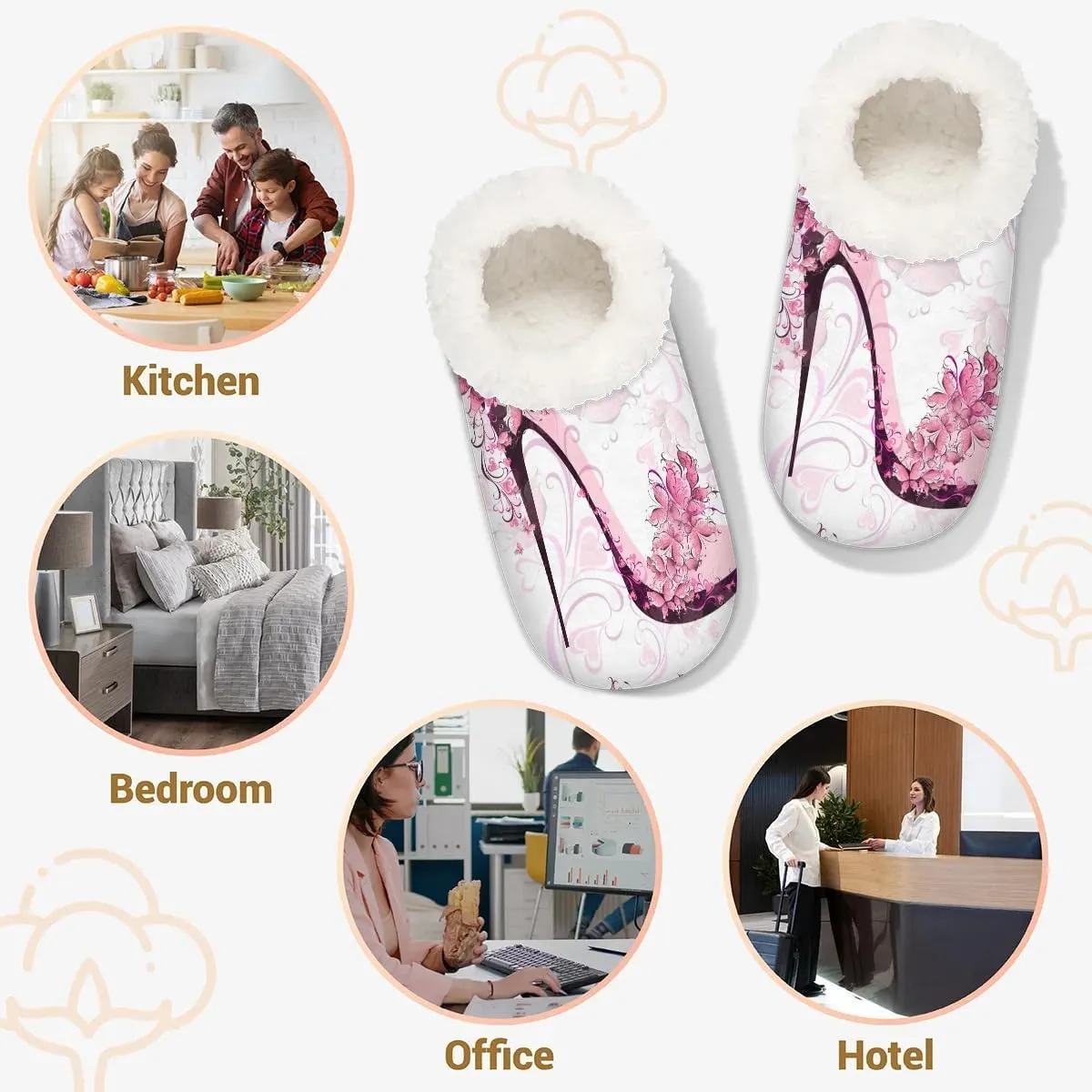 Hand Painted Heart Flower High Heels Slipper for Women and Men Non-Slip Fuzzy Slipper Socks Memory Foam Slippers Winter Warm Home Slippers Fur Lining