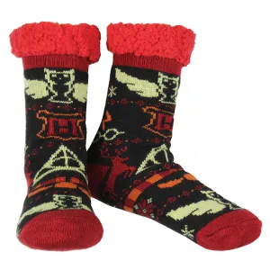 Harry Potter Women's Icons Knit Fleece Lined Slipper Crew Socks Shoe Size 5-10