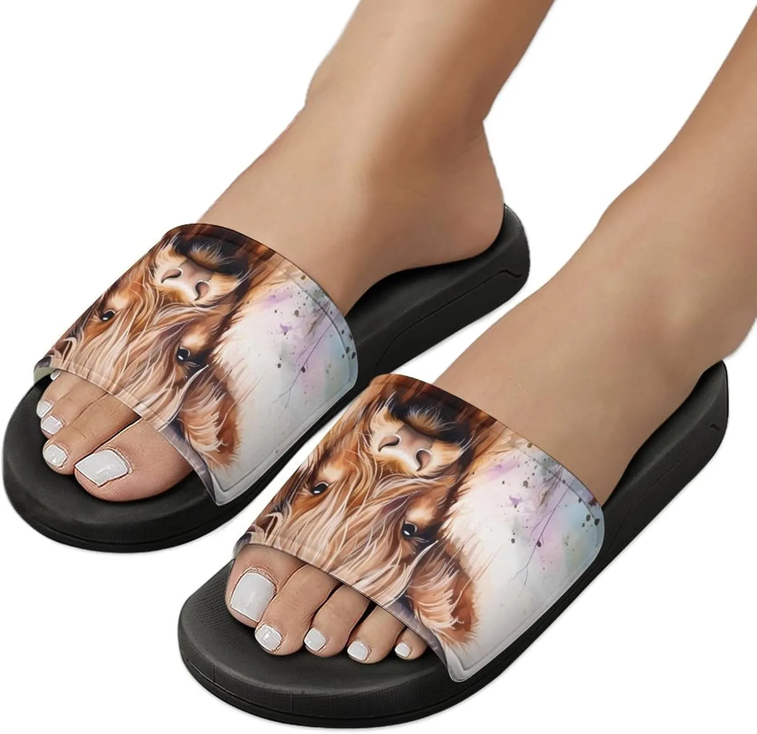 Highland Cow Watercolour Funny Slide Sandals Non-Slip PVC Shower Slipper House Shoes Open Toe Slippers for Adult