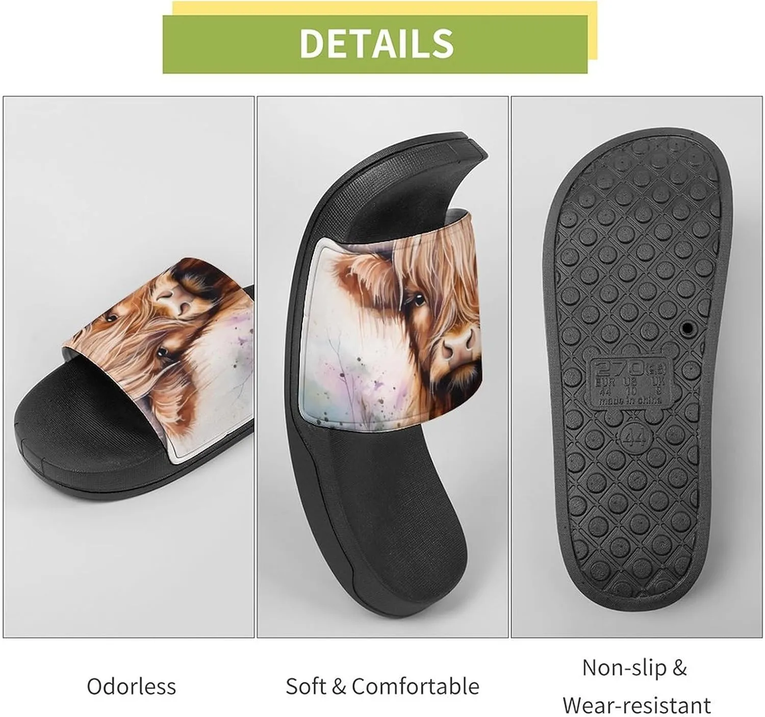 Highland Cow Watercolour Funny Slide Sandals Non-Slip PVC Shower Slipper House Shoes Open Toe Slippers for Adult