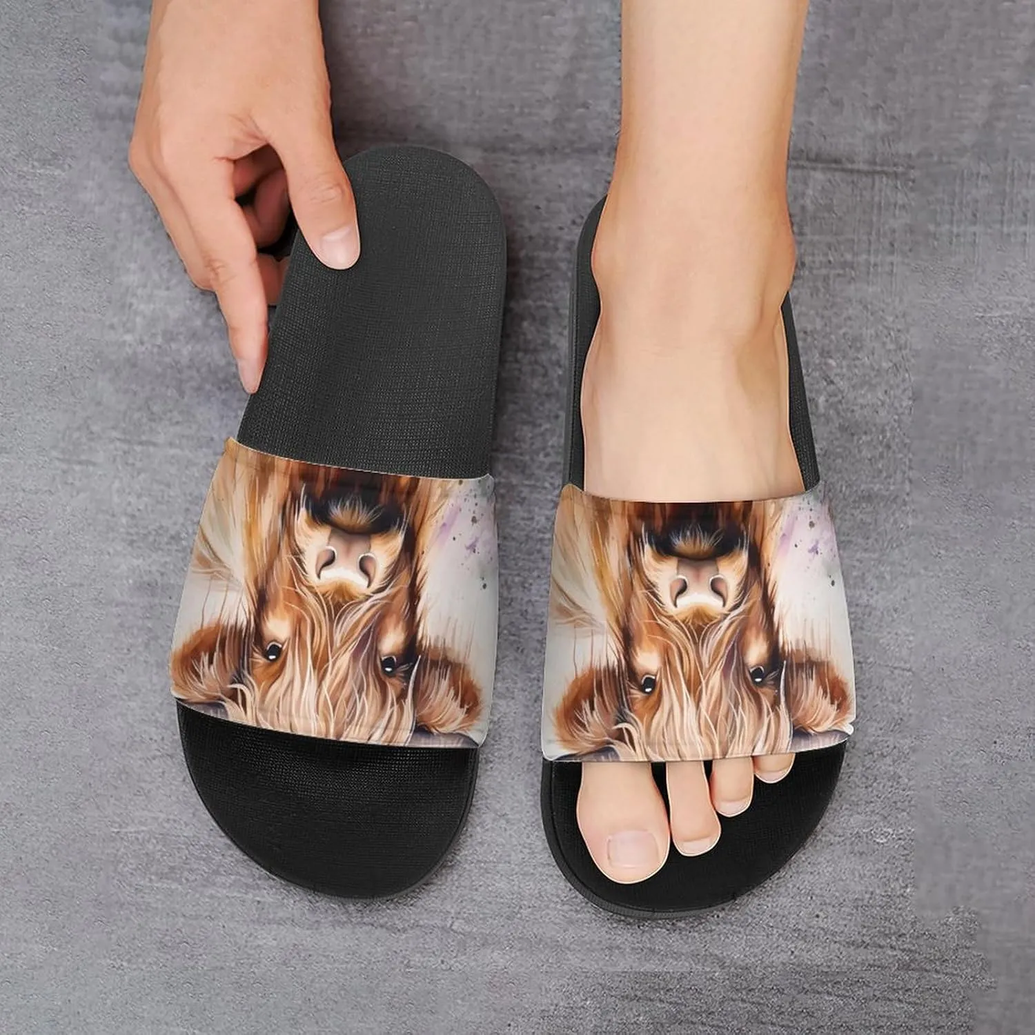 Highland Cow Watercolour Funny Slide Sandals Non-Slip PVC Shower Slipper House Shoes Open Toe Slippers for Adult