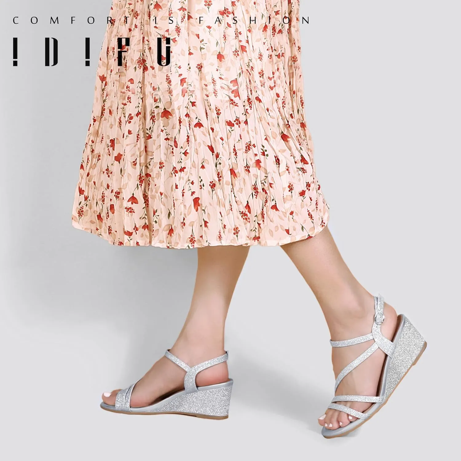 IDIFU Women's Wedge Heel Sandal Dress Low Strappy 2 Inch Open Toe Wedding Bridal Shoes for Woman Ladies Evening Formal