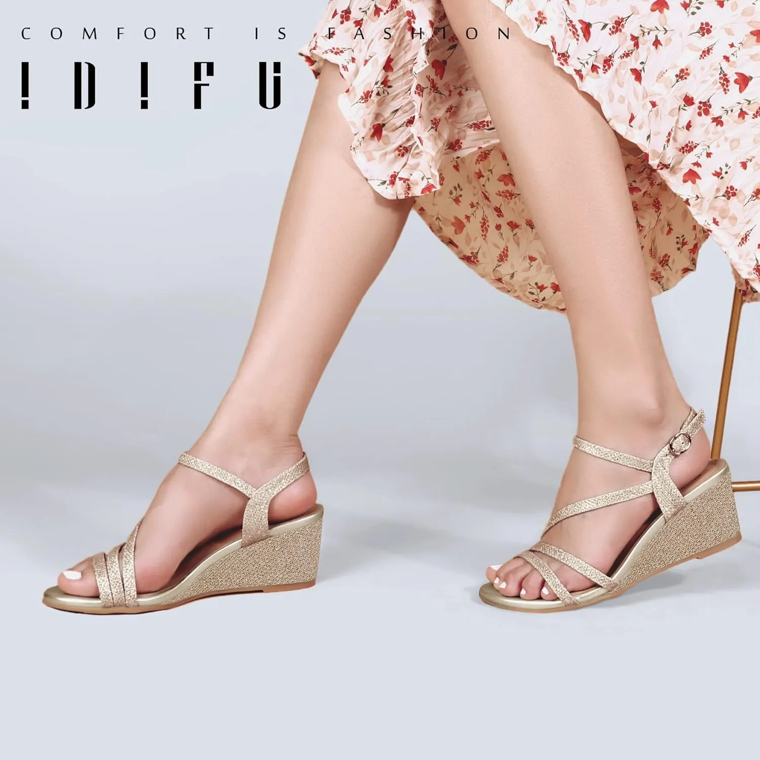 IDIFU Women's Wedge Heel Sandal Dress Low Strappy 2 Inch Open Toe Wedding Bridal Shoes for Woman Ladies Evening Formal