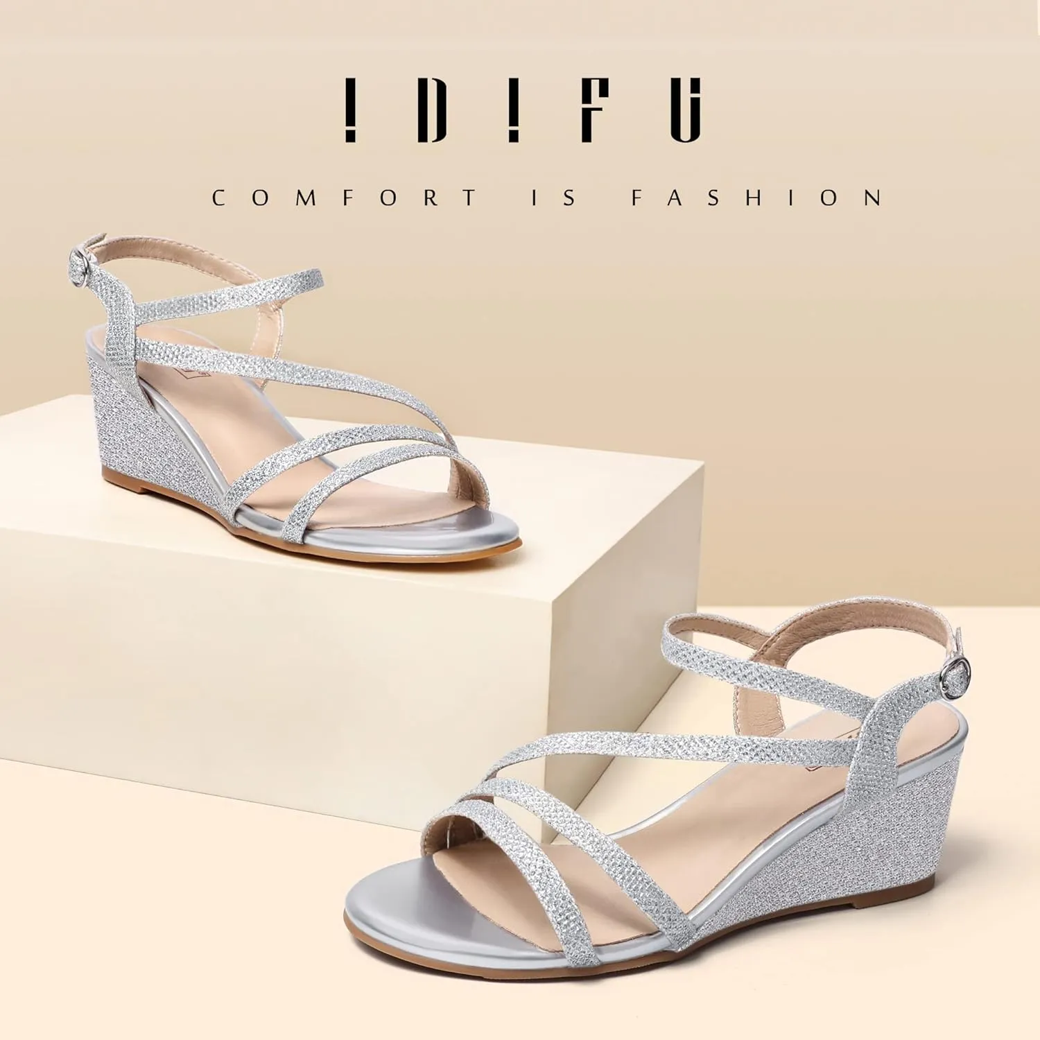 IDIFU Women's Wedge Heel Sandal Dress Low Strappy 2 Inch Open Toe Wedding Bridal Shoes for Woman Ladies Evening Formal