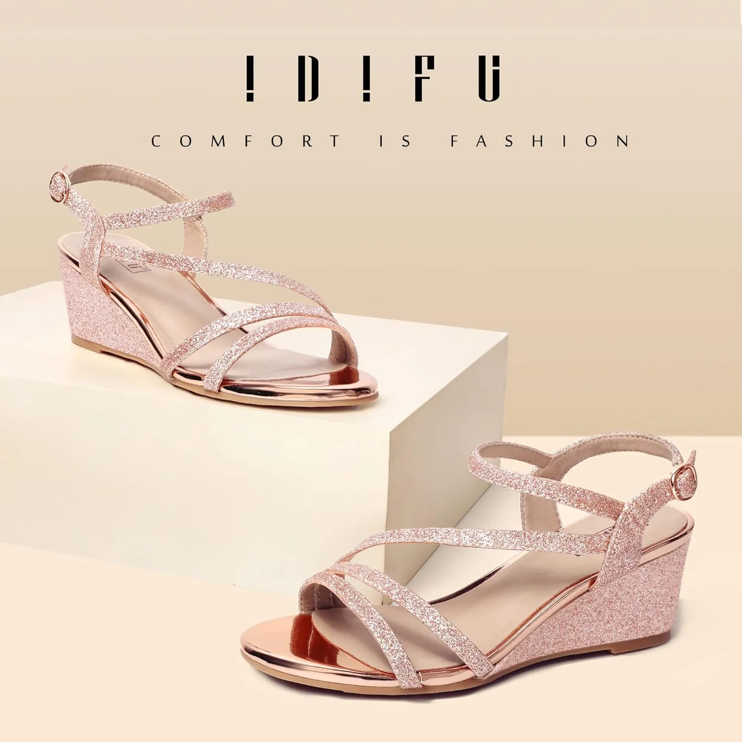 IDIFU Women's Wedge Heel Sandal Dress Low Strappy 2 Inch Open Toe Wedding Bridal Shoes for Woman Ladies Evening Formal