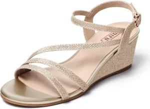 IDIFU Women's Wedge Heel Sandal Dress Low Strappy 2 Inch Open Toe Wedding Bridal Shoes for Woman Ladies Evening Formal