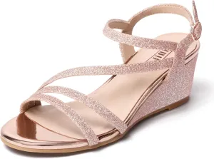 IDIFU Women's Wedge Heel Sandal Dress Low Strappy 2 Inch Open Toe Wedding Bridal Shoes for Woman Ladies Evening Formal