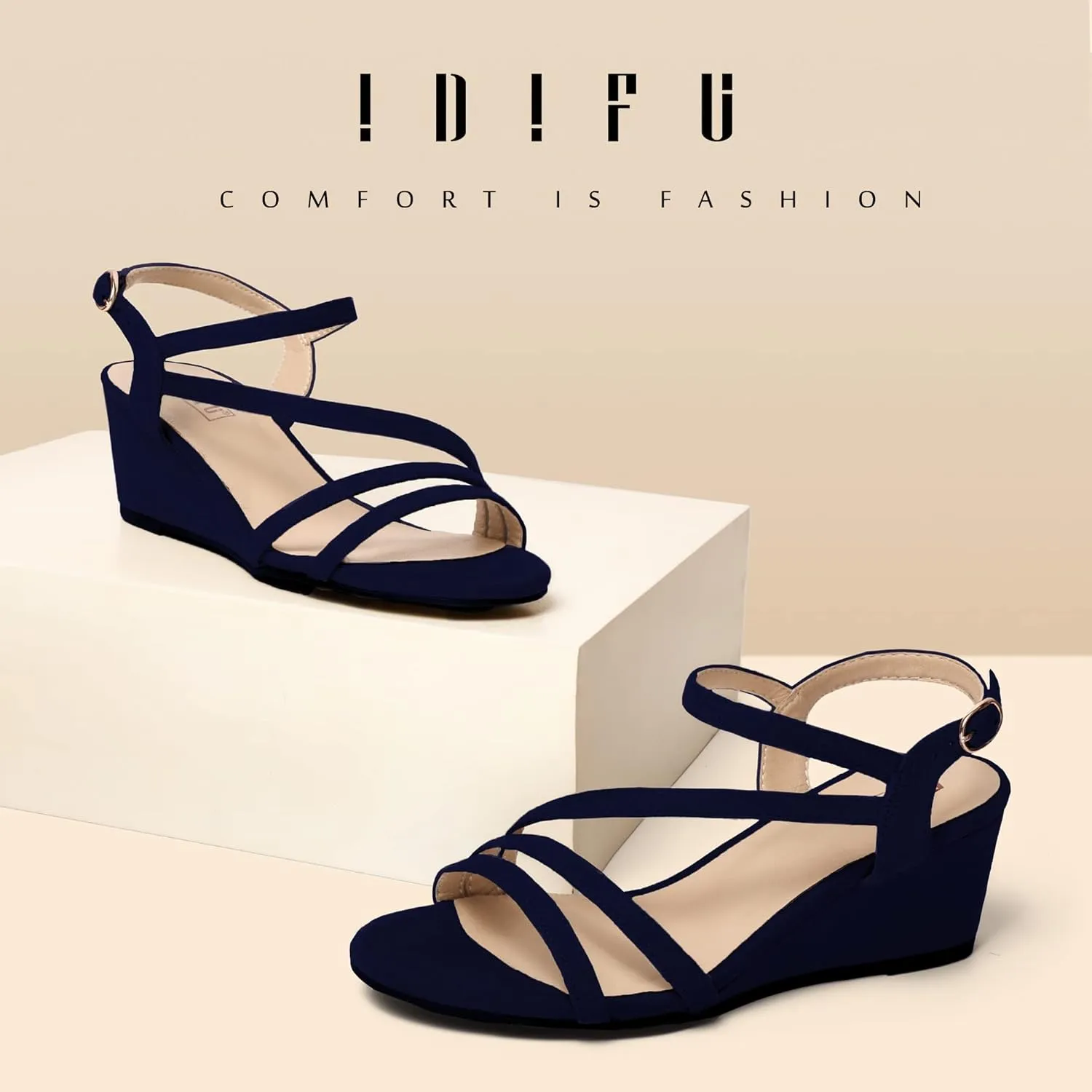 IDIFU Women's Wedge Heel Sandal Dress Low Strappy 2 Inch Open Toe Wedding Bridal Shoes for Woman Ladies Evening Formal