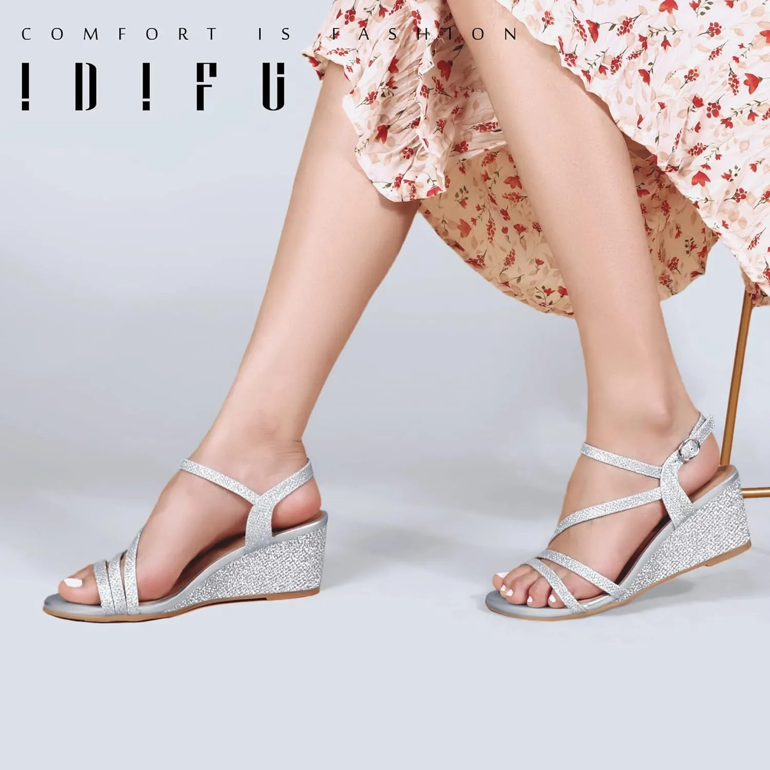 IDIFU Women's Wedge Heel Sandal Dress Low Strappy 2 Inch Open Toe Wedding Bridal Shoes for Woman Ladies Evening Formal