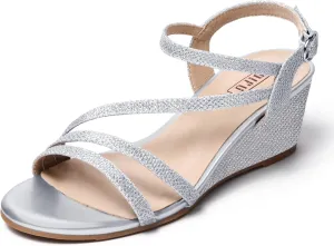 IDIFU Women's Wedge Heel Sandal Dress Low Strappy 2 Inch Open Toe Wedding Bridal Shoes for Woman Ladies Evening Formal