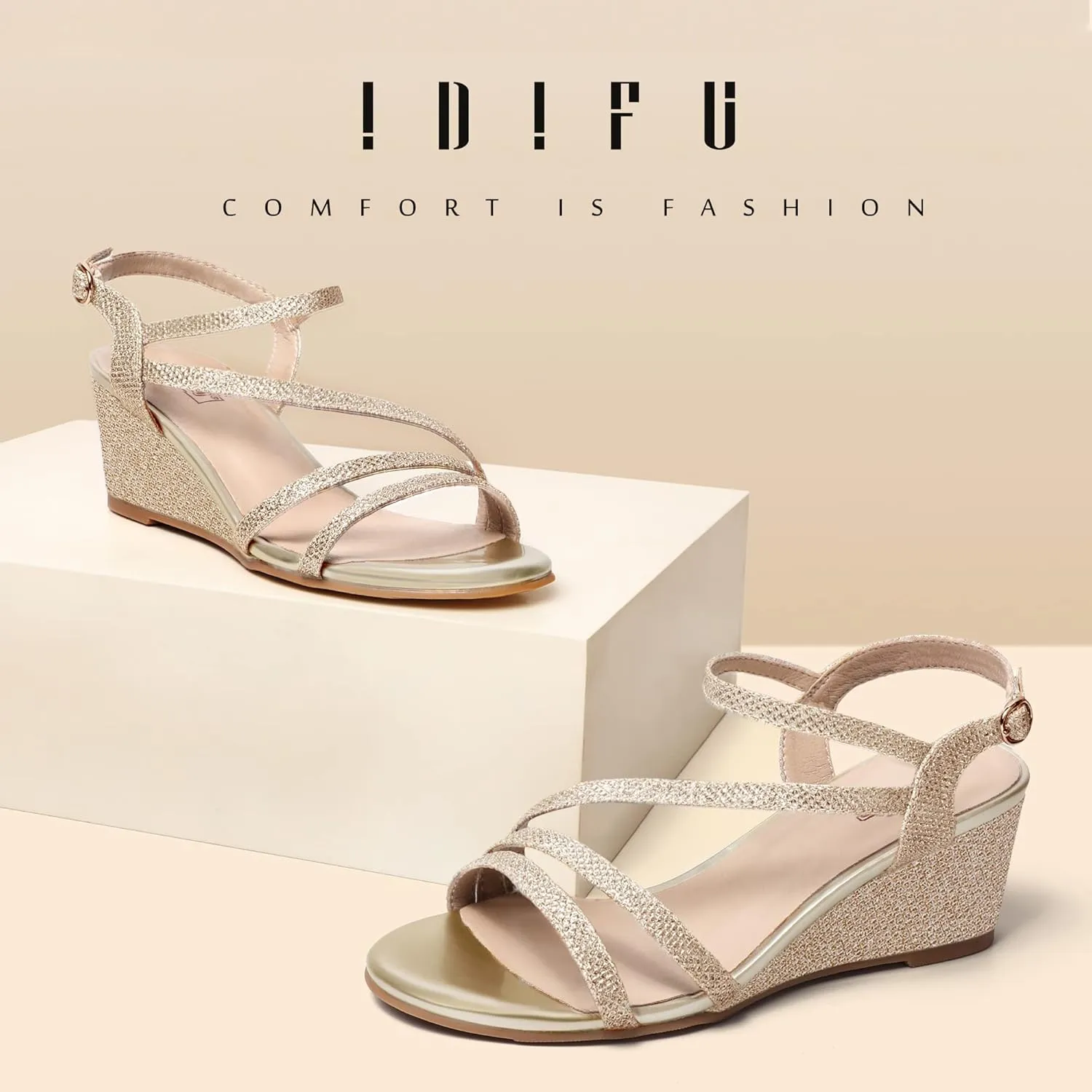 IDIFU Women's Wedge Heel Sandal Dress Low Strappy 2 Inch Open Toe Wedding Bridal Shoes for Woman Ladies Evening Formal