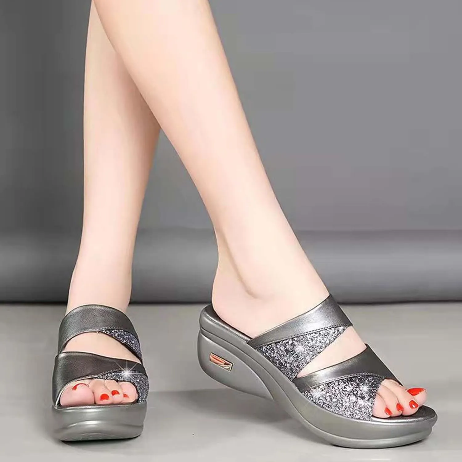 ihinzry Women's Platform Sandals Summer Mules Clog Slip on Open Toe Slippers Outdoors Fashion Wedges Dress Shoes