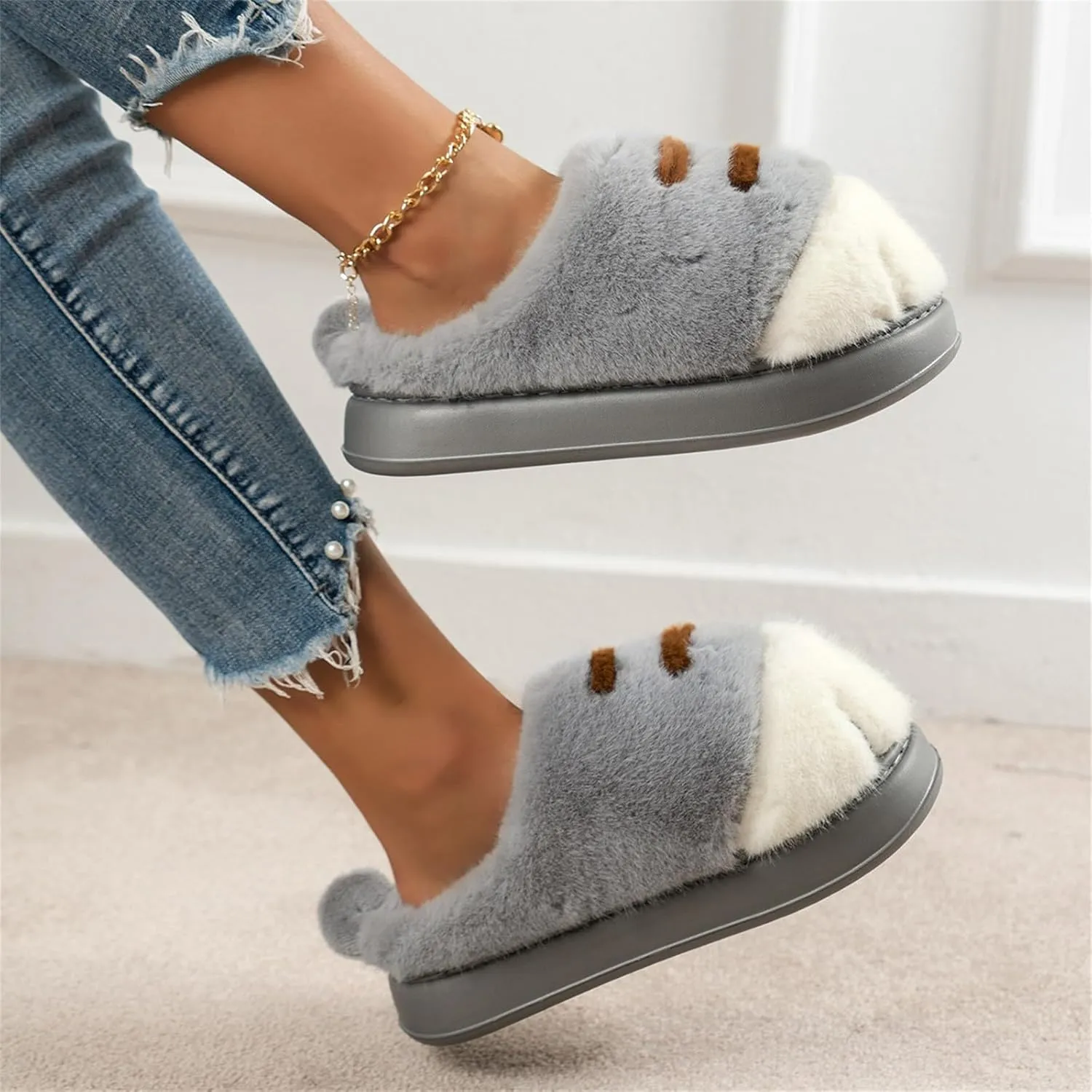 Indoor Outdoor Slippers Women Cute Funny 3D Cat Paw Cartoon Slipper Warm Fluffy Furry Winter Bedroom House Shoes