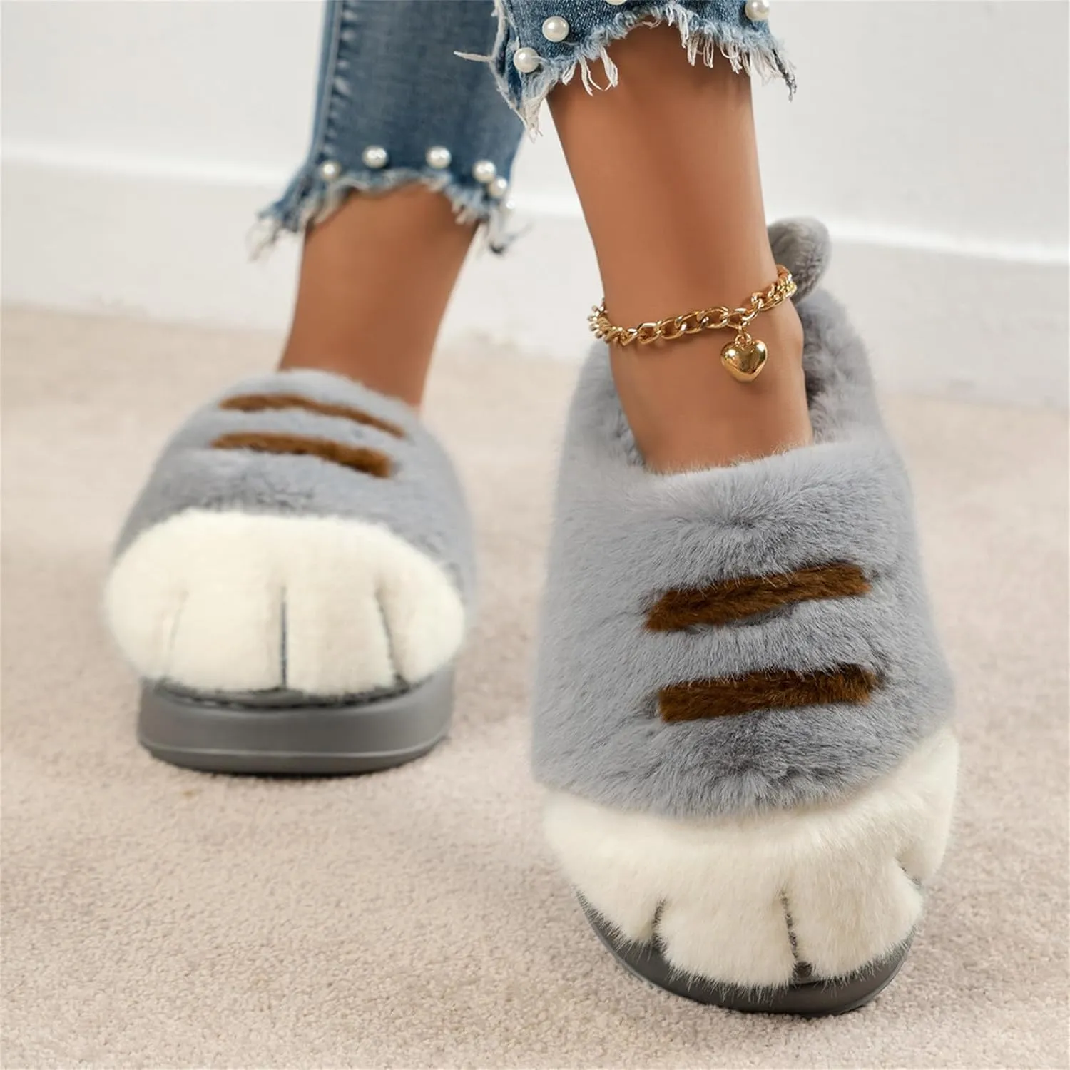 Indoor Outdoor Slippers Women Cute Funny 3D Cat Paw Cartoon Slipper Warm Fluffy Furry Winter Bedroom House Shoes