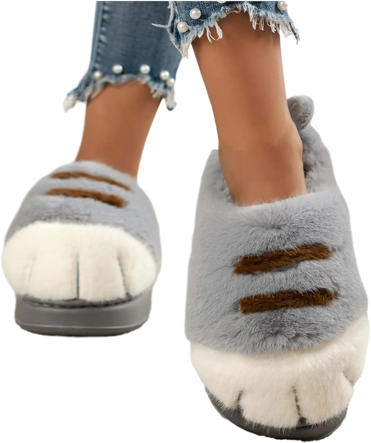 Indoor Outdoor Slippers Women Cute Funny 3D Cat Paw Cartoon Slipper Warm Fluffy Furry Winter Bedroom House Shoes