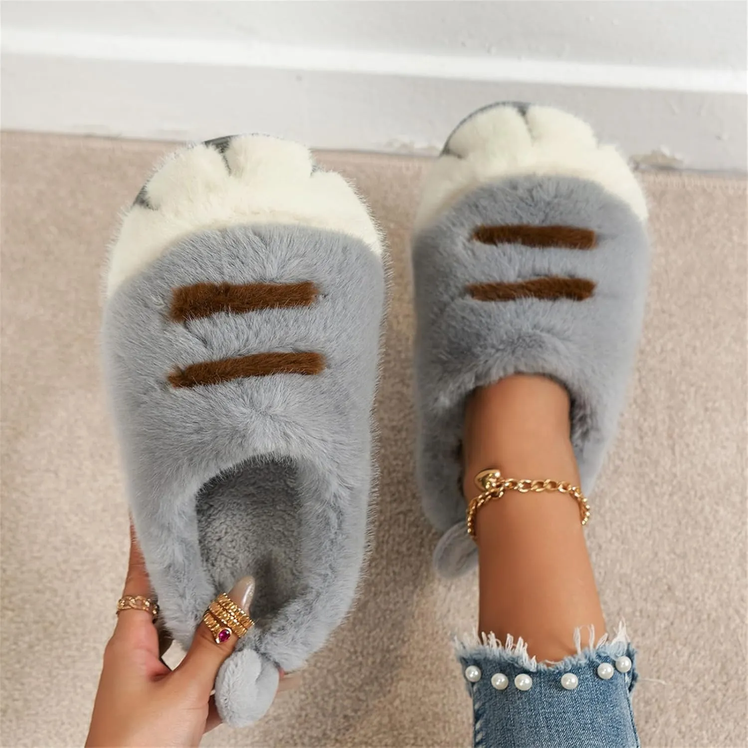 Indoor Outdoor Slippers Women Cute Funny 3D Cat Paw Cartoon Slipper Warm Fluffy Furry Winter Bedroom House Shoes