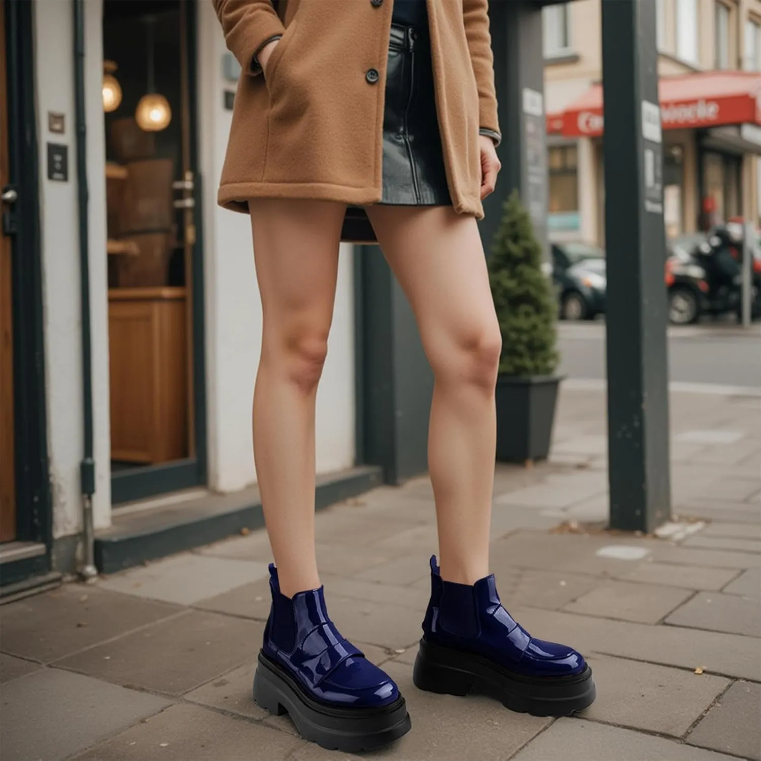 KaroNairy Platform Ankle Boots for Women Chelsea Boots Round Toe Chunky Heel Slip on Lug Sole Short Boots Black