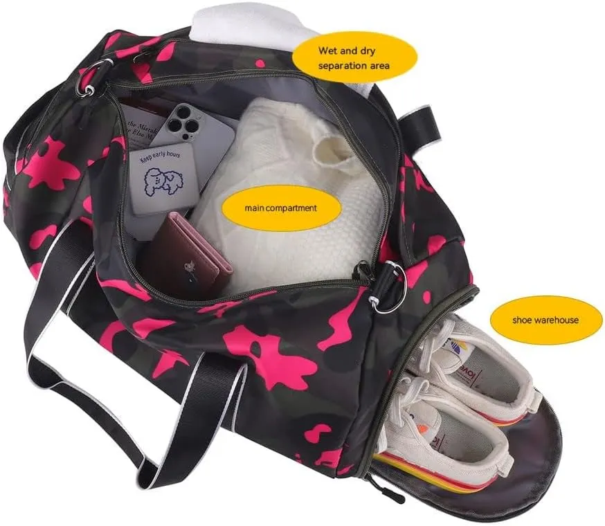 Kids Overnight Duffle Bag Girls Boys Sports Gym Bag with Shoe Compartment Wet Pocket Camouflage travel bag (Ping)