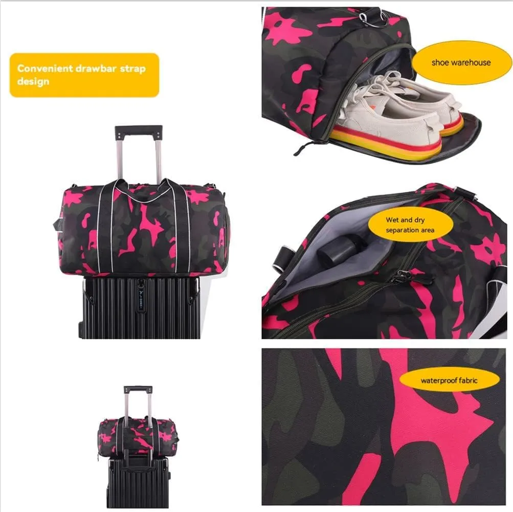 Kids Overnight Duffle Bag Girls Boys Sports Gym Bag with Shoe Compartment Wet Pocket Camouflage travel bag (Ping)