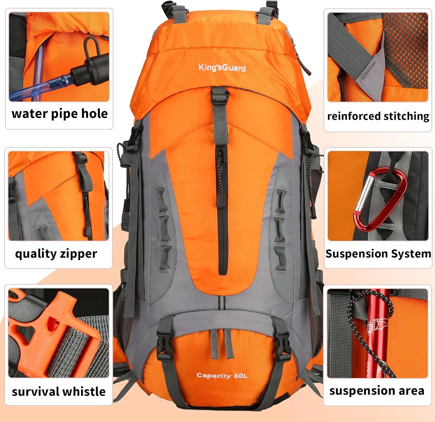 King'sGuard 60L Hiking Backpack Men Women Camping Backpack Waterproof Backpacking Mountaineering Climbing Daypack with Rain Cover (Orange)